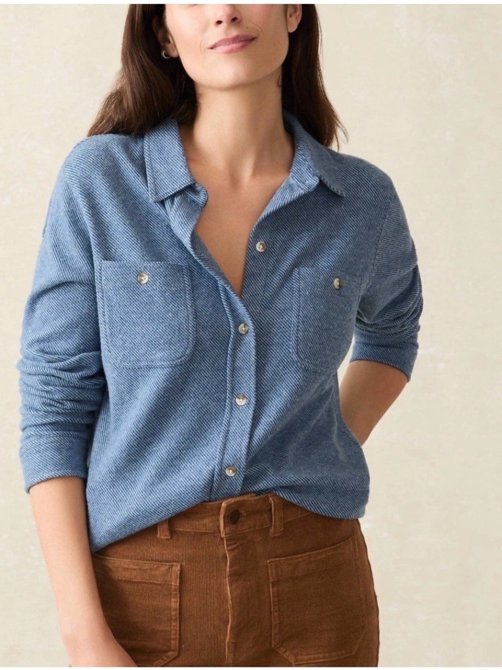 Faherty Legend Shirt Blue Herringbone Button Front Womens L